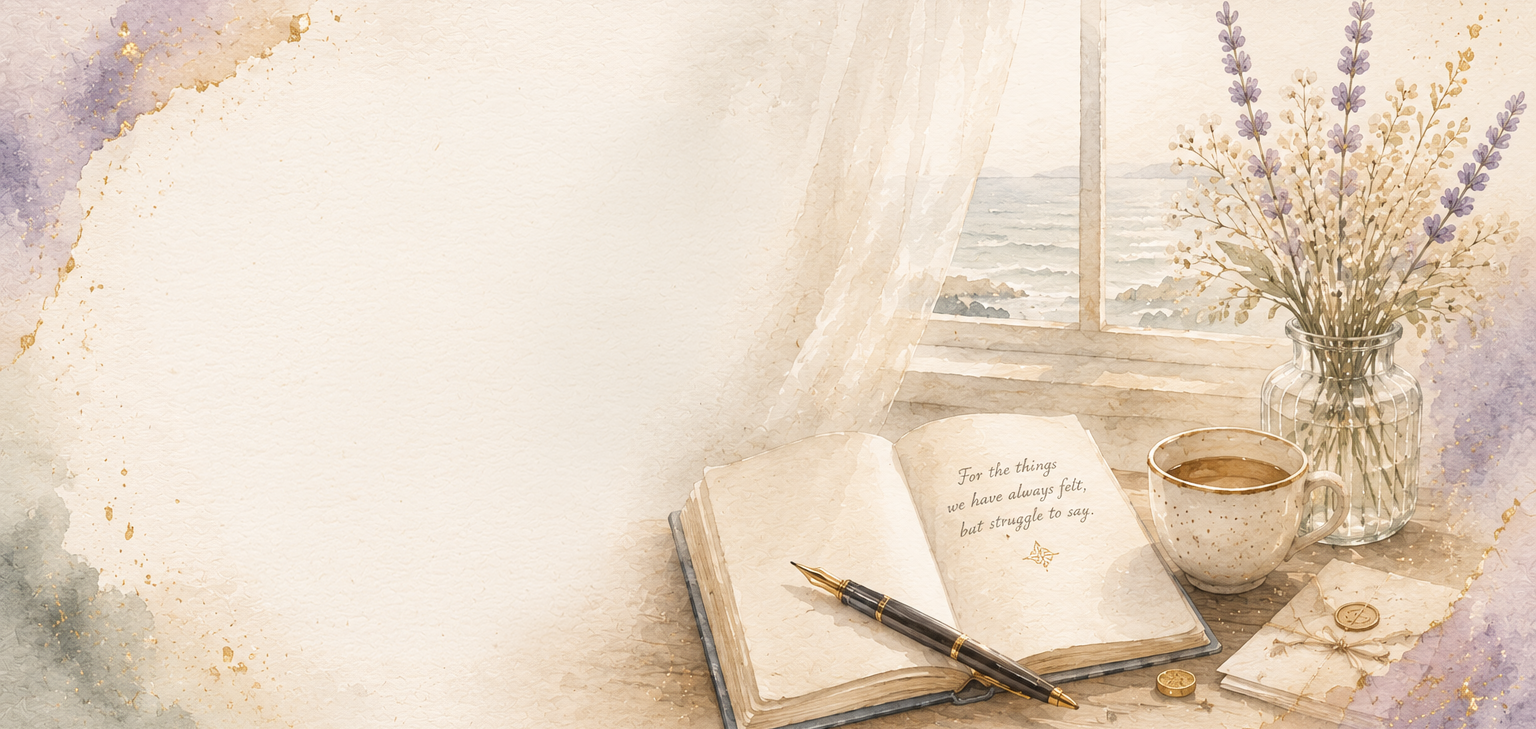 Watercolor scene of an open poetry book by a window with lavender and a warm cup